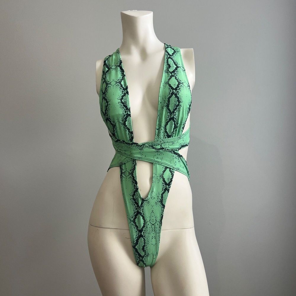 Women's One Piece Small Green Python‎ Plunging Wrap Swimsuit Swimwear